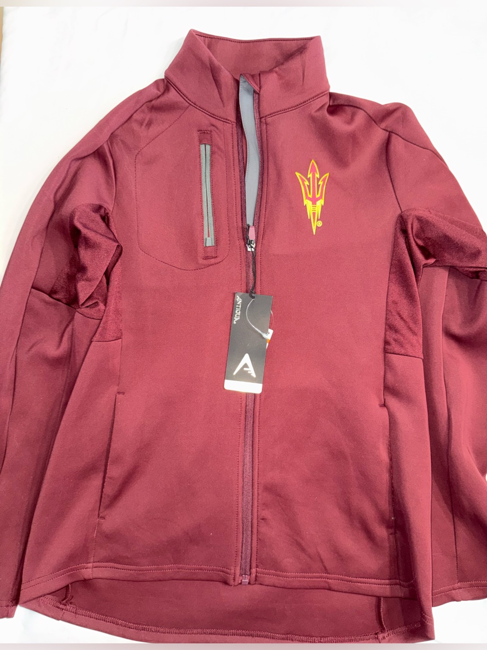 Antigua Maroon Varsity Jacket with ASU pitchfork logo